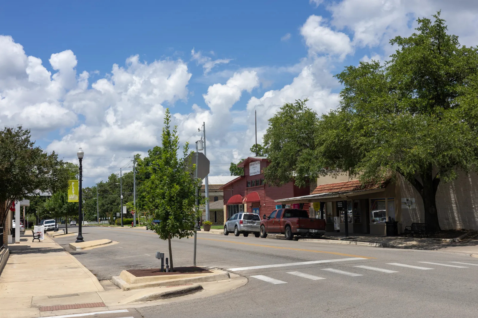 Downtown Main Street, Bastrop, TX on a summer afternoon