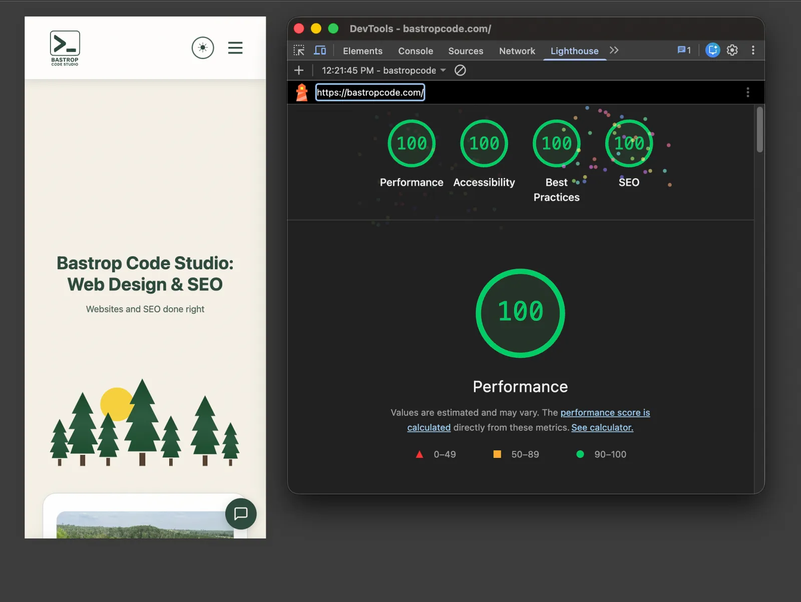 A Lighthouse audit showing 100 out of 100 scores for Performance, Accessibility, Best Practices, and SEO on a Bastrop Code Studio site